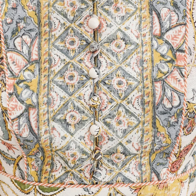 Винтажное дизайнерское женское платье с принтом воротник-стойка длинные рукава