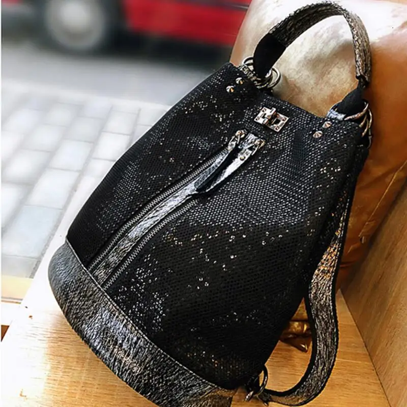 new fashion sequins leather laptop backpack women female personality lock anti theft bagpack travel mochila feminina back pack free global shipping