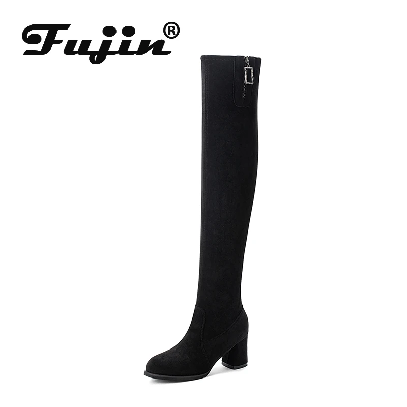 Fujin/женские зимние высокие сапоги Прямая поставка Сапоги выше колена с круглым