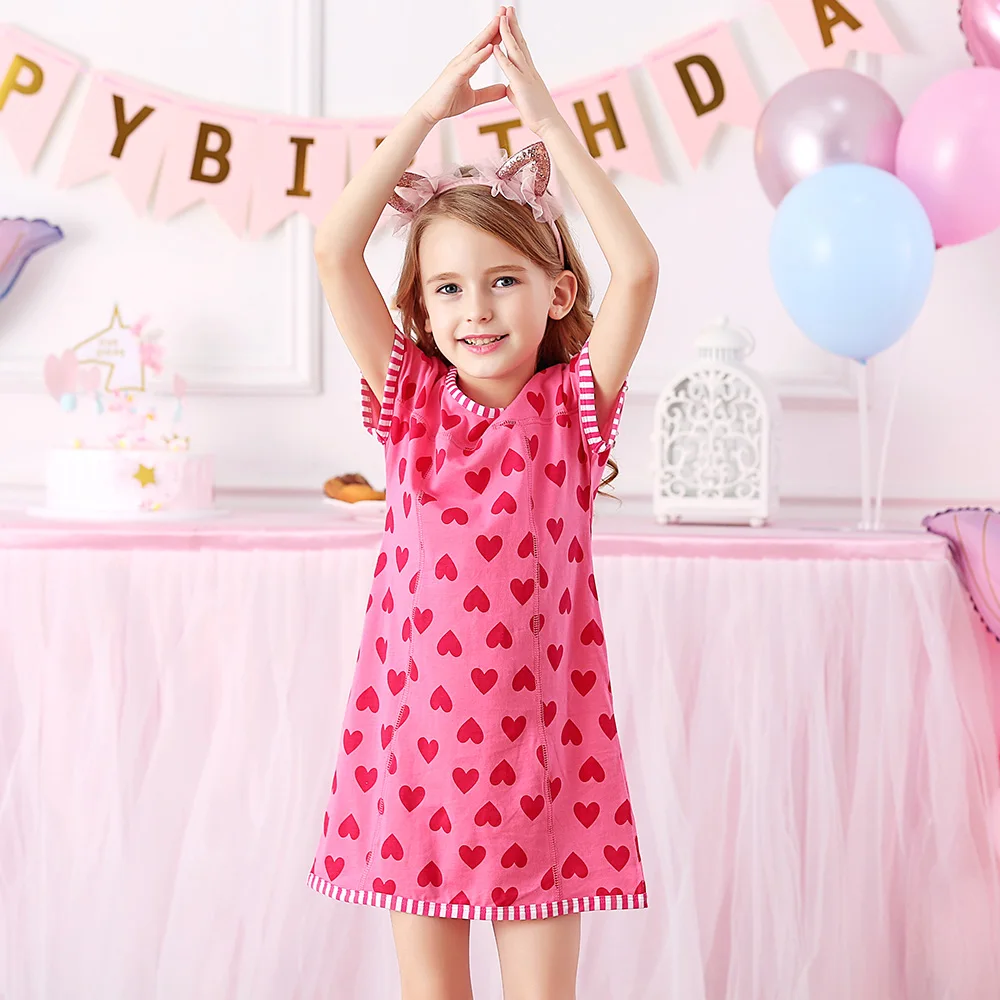 VIKITA Girls Cotton Short Sleeve Dresses Unicorn Cat Heart Print Summer Casual Dress Kids Straight Dress Children Clothing
