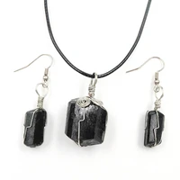 fysl silver plated wire wrap irregular shape black tourmaline stone pendant drop earrings ethnic style jewelry set