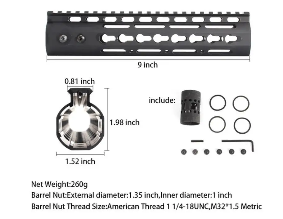 9 inch Black AR15 свободный поплавок тонкий стиль " 9" 1" 12" 13," 15" Keymod ствольная накладка Пикатинни рельс с стальная муфта ствола для крепления прицела - Цвет: 9 inch Black