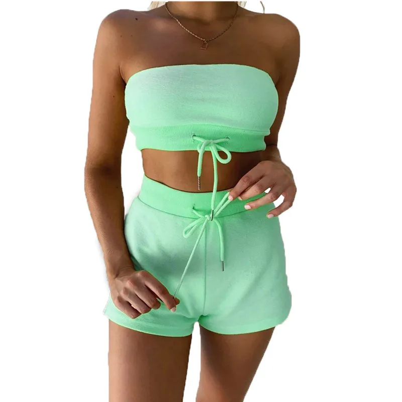 

2020 Summer Women Female 2PCS Sexy Pure Color Sport Crop Top Sleeveless Shorts Clothing Costume Ladies Candy Color Home Suit