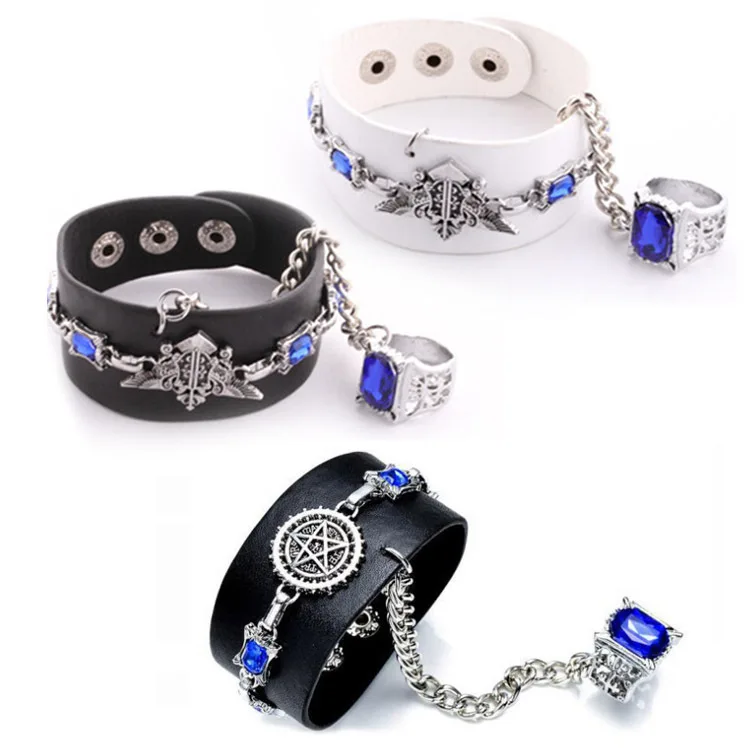 

1 шт. мультяшный черный Батлер кожаный браслет-цепочка с синим драгоценным камнем кольцо Аниме Косплей Kuroshitsuji браслет-фигурка игрушки подарок панк