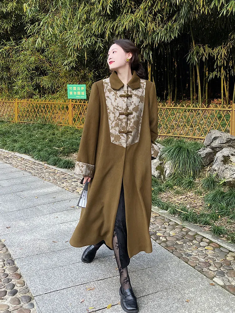 Новое желтое шерстяное пальто в китайском стиле с листочками женское новое