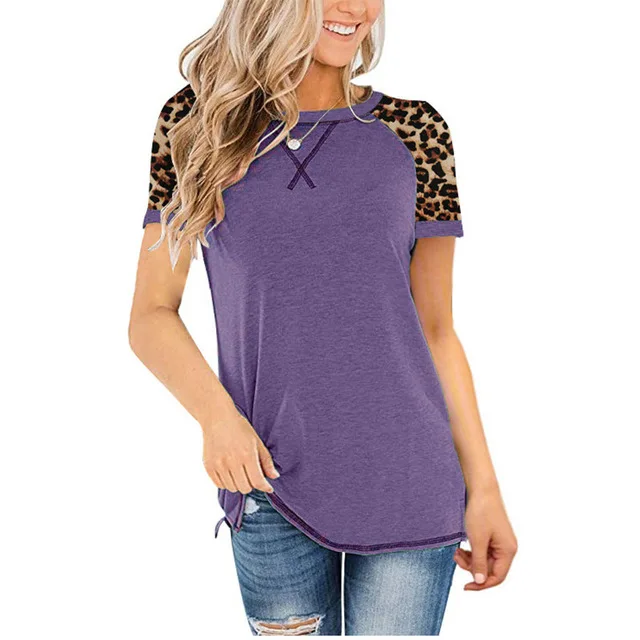 

New Spring Summer 2021 Hot Street Casual Fashion Round Neck Leopard Print Patchwork Short-Sleeved T-shirt Top