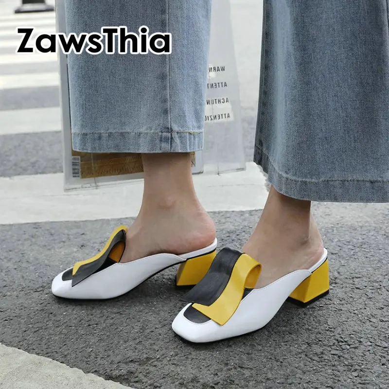 ZawsThia 2020 летние новые геометрические дизайнерские желтые туфли на высоком
