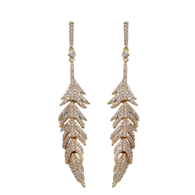

Micro Pave Cubic Zirconia Feather Earrings For Women Gold-Plated Long Temperament Leaf Pendant Earring Women Luxury Jewelry