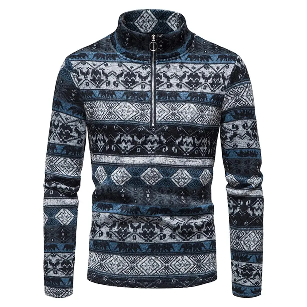 

Свитеры с рисунком шик с этническими мотивами, джемпер с длинным рукавом, теплый облегающий свитер на молнии с полуоткрытым воротником-стой...