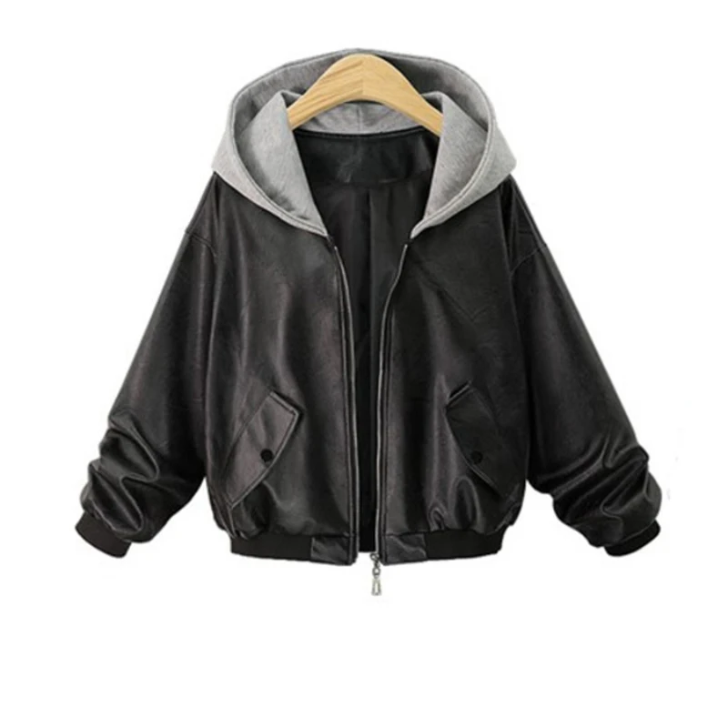 

Womens Spring Jackets Black Long Sleeve Fashion Outerwear Imitation Leather Autumn Coat Vintage Retro Female Clothes Plus Size