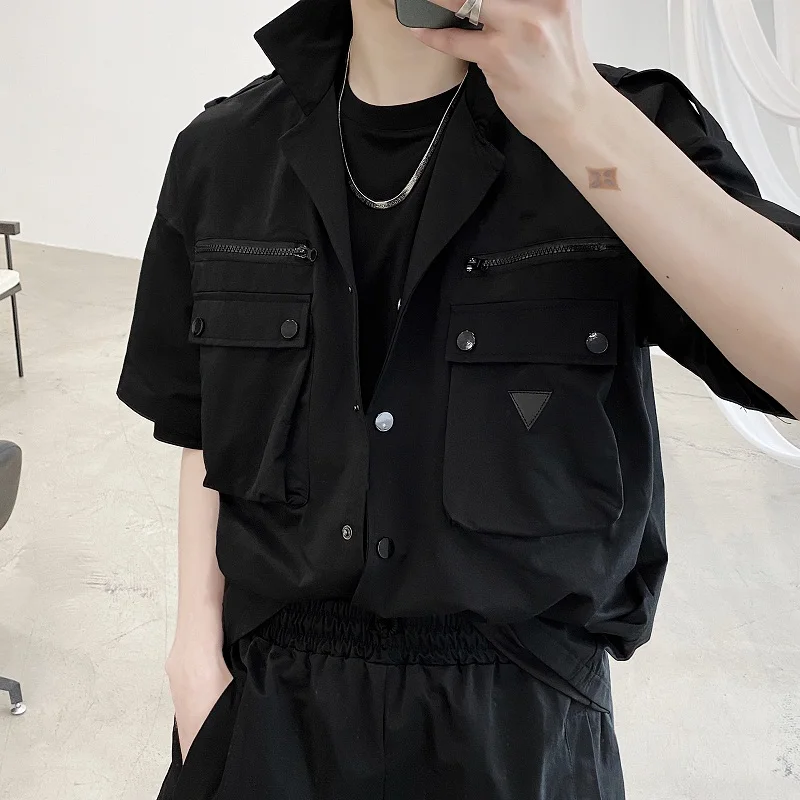 

New Men Streetwear Hip Hop Fashion Casual Short Sleeve Multi-pocket Cargo Shirts Male Black Loose Shirts