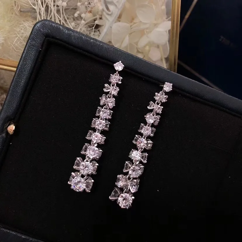 Модные длинные висячие серьги с бантом из циркония ААА цветком S925 для женщин