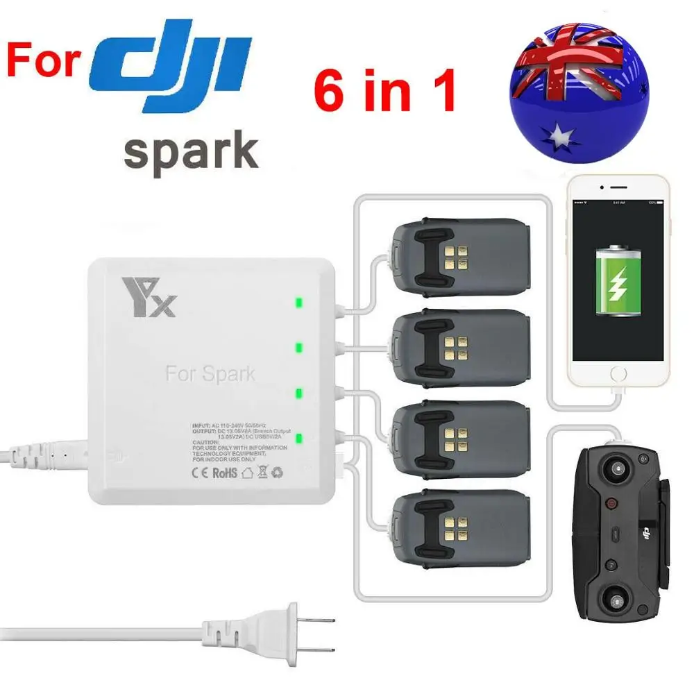 Новое быстрое зарядное устройство с 6 выходами 2 USB-портами и 4 адаптерами для