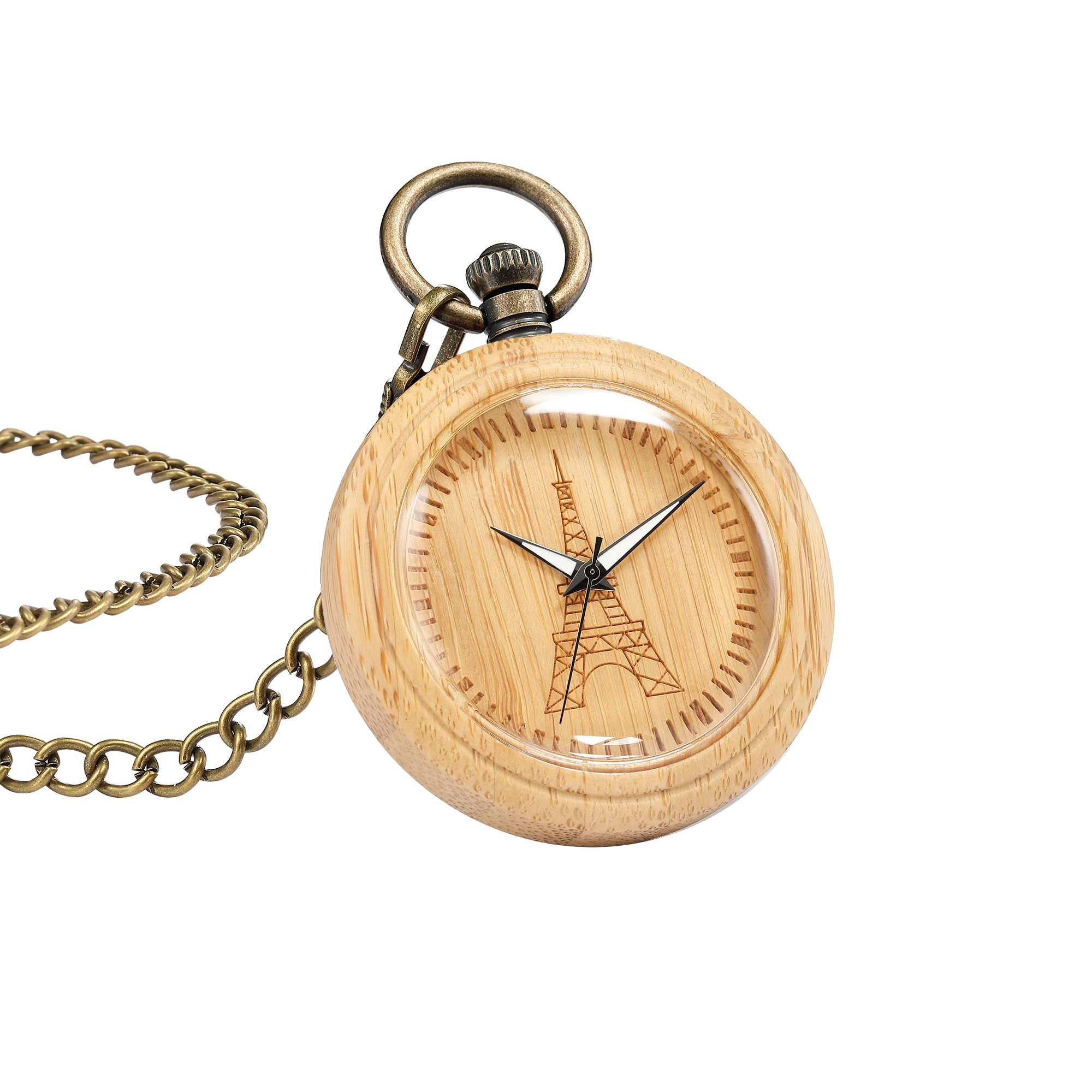 New Style Solid Wood Case Pocket Watch Movement Antique Bronze Clock Chain Romans Necklace Pendant for Men Women Box Package