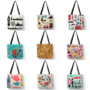 Вместительная женская сумка на одно плечо, льняные повседневные складные сумки-шопперы с лондонским известным ландшафтным рисунком