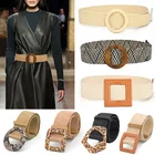 Винтажный широкий пояс в богемном стиле, летний плетеный пояс с деревянной пряжкой, женский ремень из искусственной льна