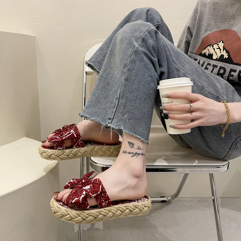

Shoes Woman 2021 Slippers Casual Butterfly-Knot Luxury Massage Flat Basic Butterfly-knot PU Rubber Slides Sweet Home Slippers Wo