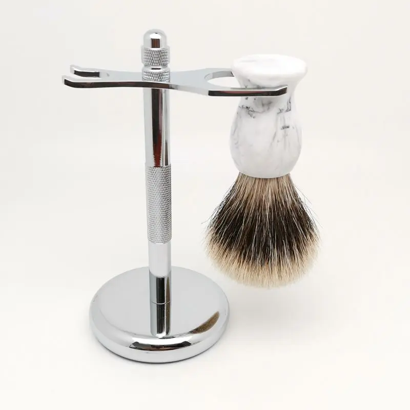 TEYO Two Band Silvertip Finest Badger Hair Shaving Brush and Shaving Stand Set Perfect for Wet Shave Soap Safety Razor Tools