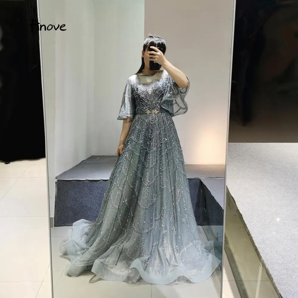 2021 Finove Luxury Beading Evening Dresses Elegant Short Sleeves O-Neck Formal dress A-line Princess party gown | Свадьбы и