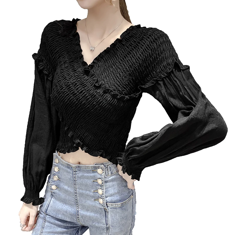 

2021 Summer New Elegant V-neck Short Irregular Cinched Shirt Women's Long Sleeve Inner Match Small Shirt Retro Slim Fit