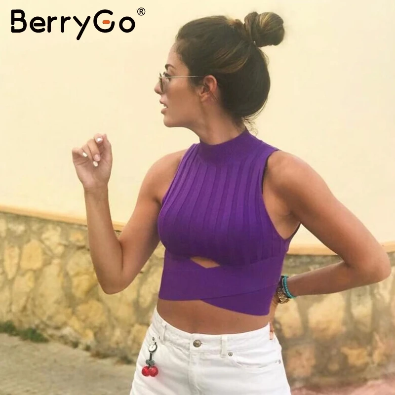 BerryGo трикотажные с воротником-стойкой однотонные Женские топы повязкой осенняя