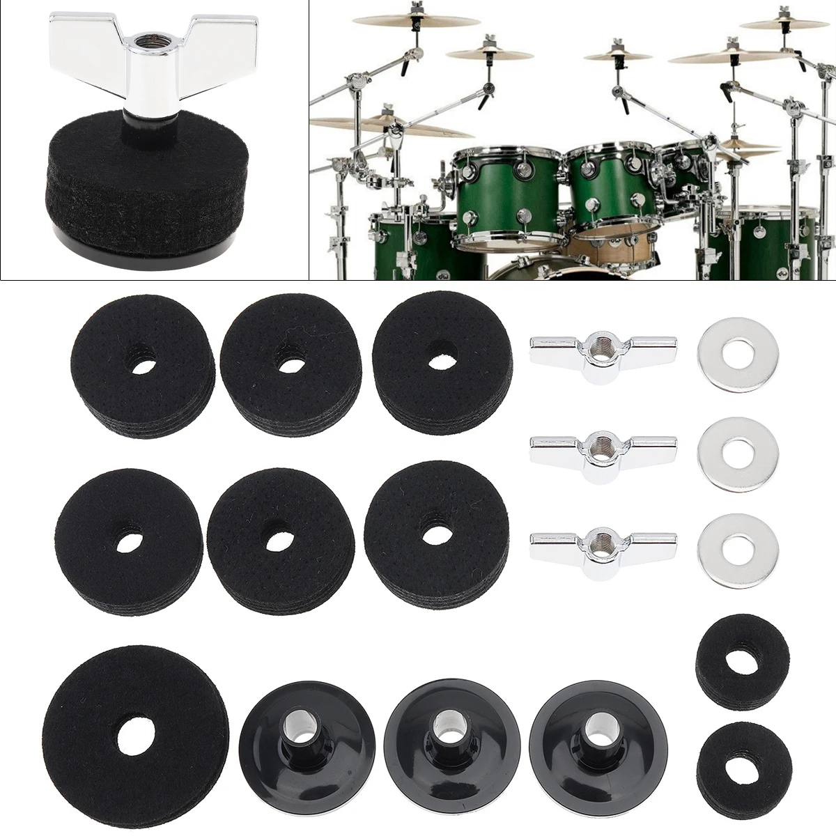 

18pcs Jazz Drum Cymbal Felt Pads Parts Replacement Kits with Cymbal Sleeves & Wing Nuts & Washers & Wool Felt Pads Accessories