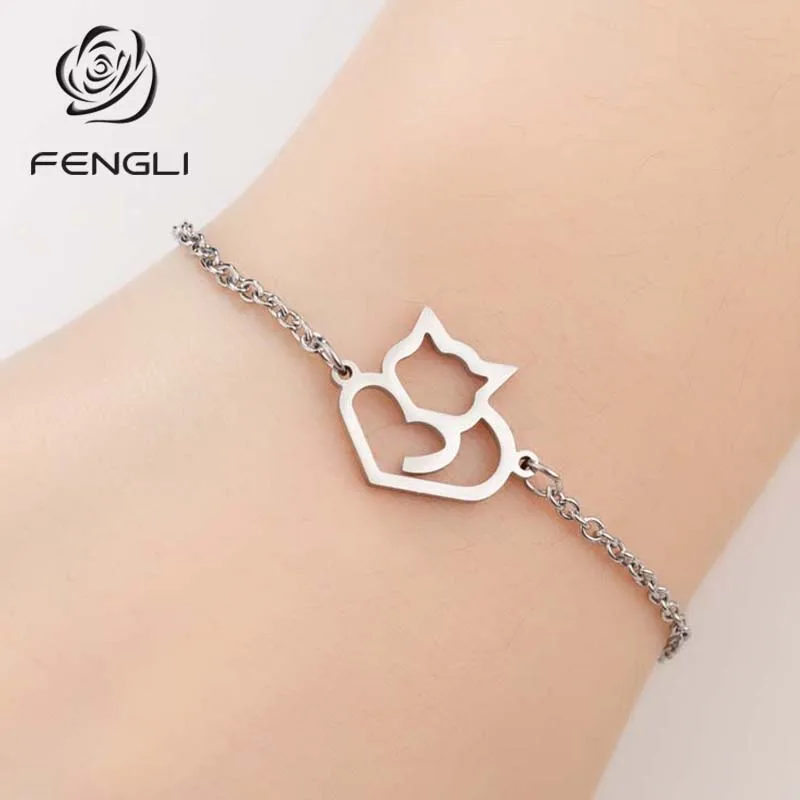 Женский браслет с котом FENGLI разноцветная Регулируемая цепочка из нержавеющей