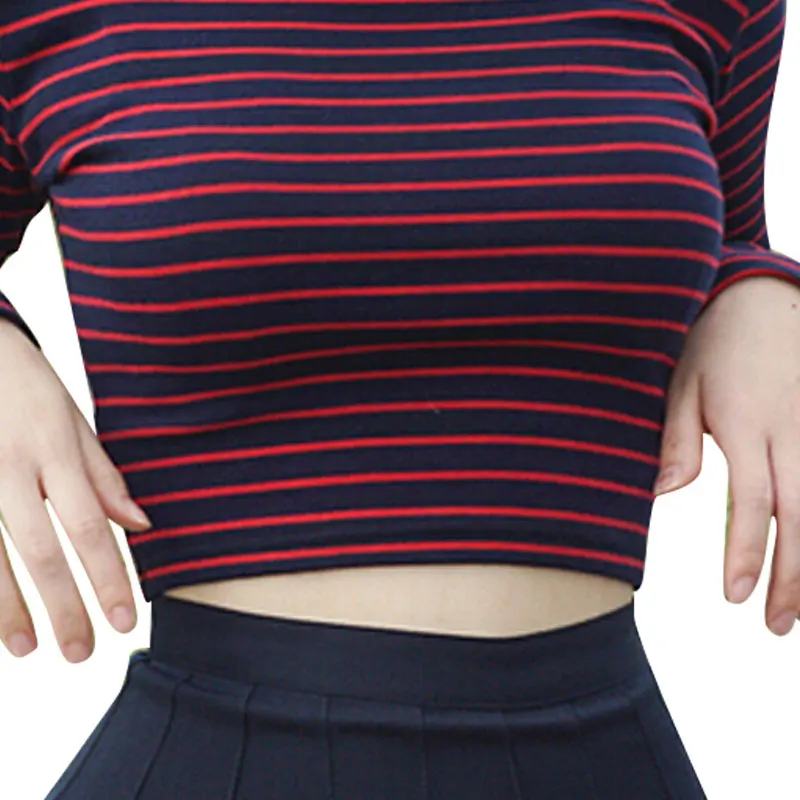 

Crop Tops Women Chic All-match Classic Stripe Slim Short Bustier Crop Top Turtleneck Long Sleeved T-shirt Sexy Shirts Tee