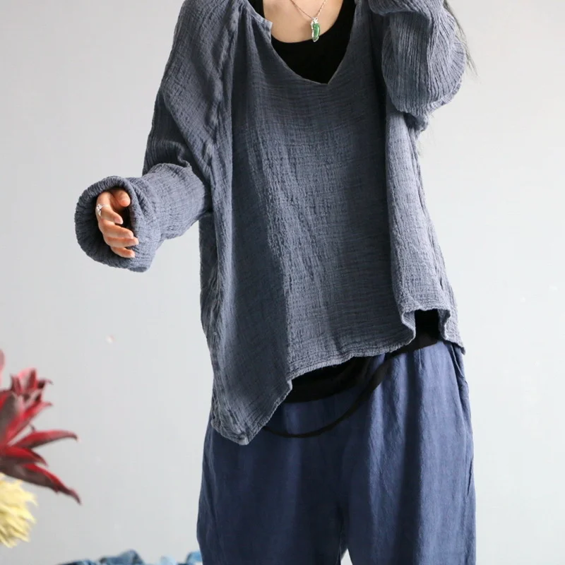 

Women 2021 Autumn Linen Vintage Solid Color T-Shirts O-Neck Full Sleeve New Loose Casual Pullover Women T-Shirt