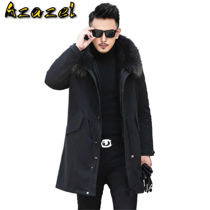 

Мужская зимняя куртка с натуральным мехом Azazel, черная парка с воротником из натурального меха енота, на подкладке из 100% шерсти, модель MY324