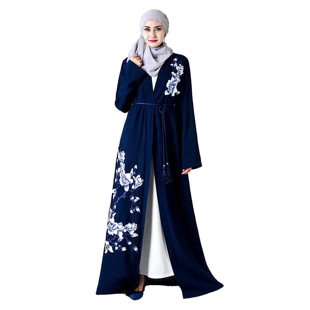 

F001 Pink Black Dark Blue Kaftan Abaya Muslim Clothes Female Cardigan Turkish Women Flower Robe Embroidery Dress Cotton Linen