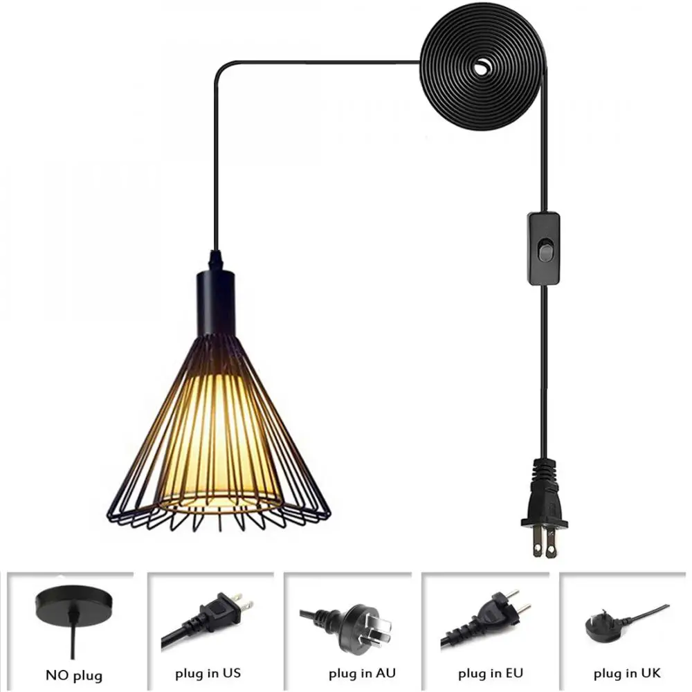 

Подвесной светильник со штепсельной вилкой, промышленный подвесной светильник, подвесной светильник в стиле ретро с черной металлической ...
