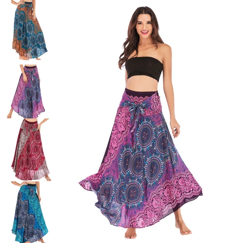 

Ethnic Print Beach Holiday Dress Modern Dance Wear Long Skirt Splicing Hemlines 68UA