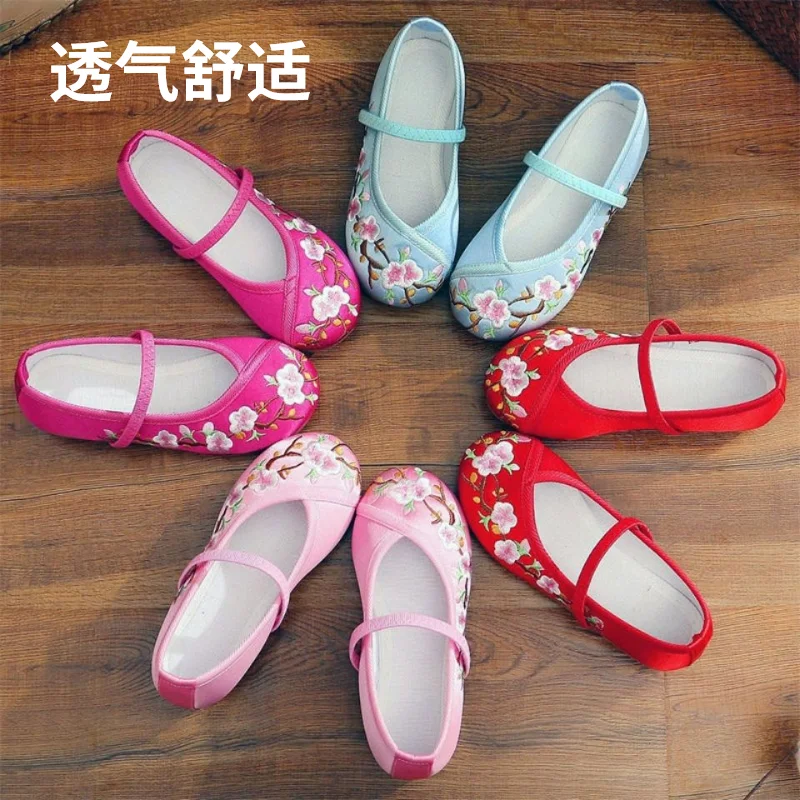 Kids Peach Flower Embroidered Women Canvas Ballet Flats Ladies Casual Comfort Slip-on Ballerinas Chinese Hanfu Cosplay Shoes