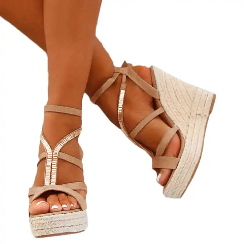 

summer new 2021 Women's shoes color matching nightclub fashion cross strap high heel shoes slope heel straw ROMAN SANDALS 43