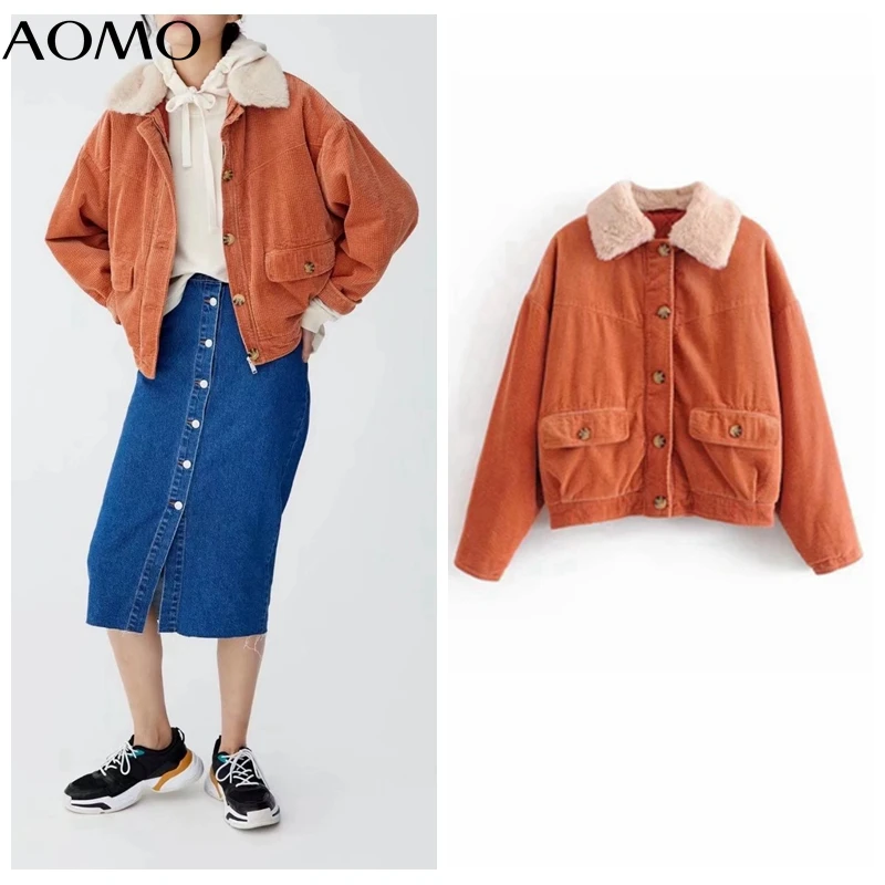 

AOMO Women Faux Fur Collar Parkas Thick 2021 Winter Zipper Pockets Female Warm Elegant Coat Jacket 3H993A