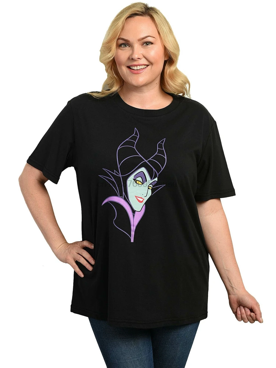 Женская футболка размера плюс на Хеллоуин Maleficent Smile черная хлопковая с коротким