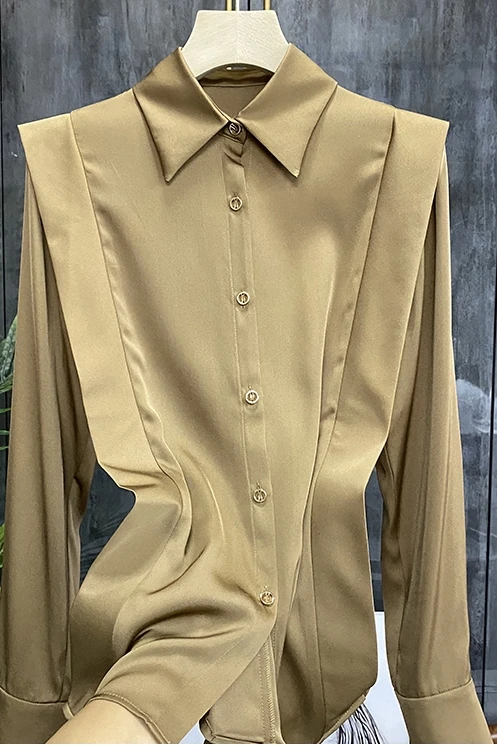 

SuperAen 2021 New Women Fashion Solid Color Silk Buttons Up Shirts Office Lady Long Sleeve Khaki Blouse Tops