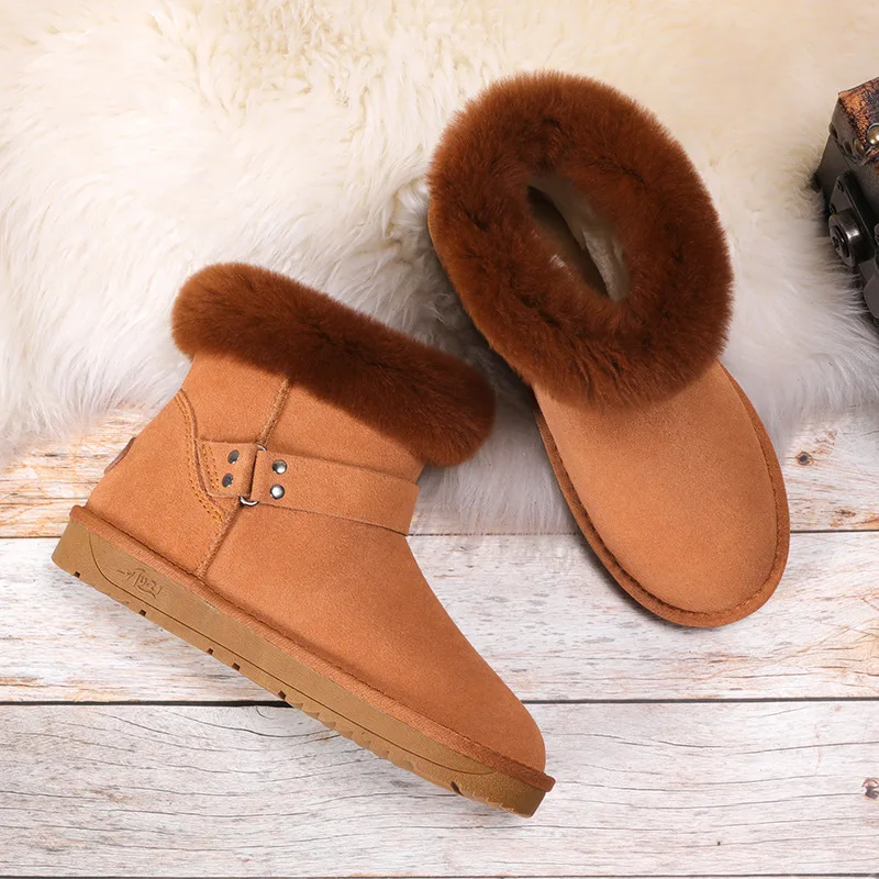 Женские теплые ботинки на меху зимние из коровьей кожи с кроличьим мехом