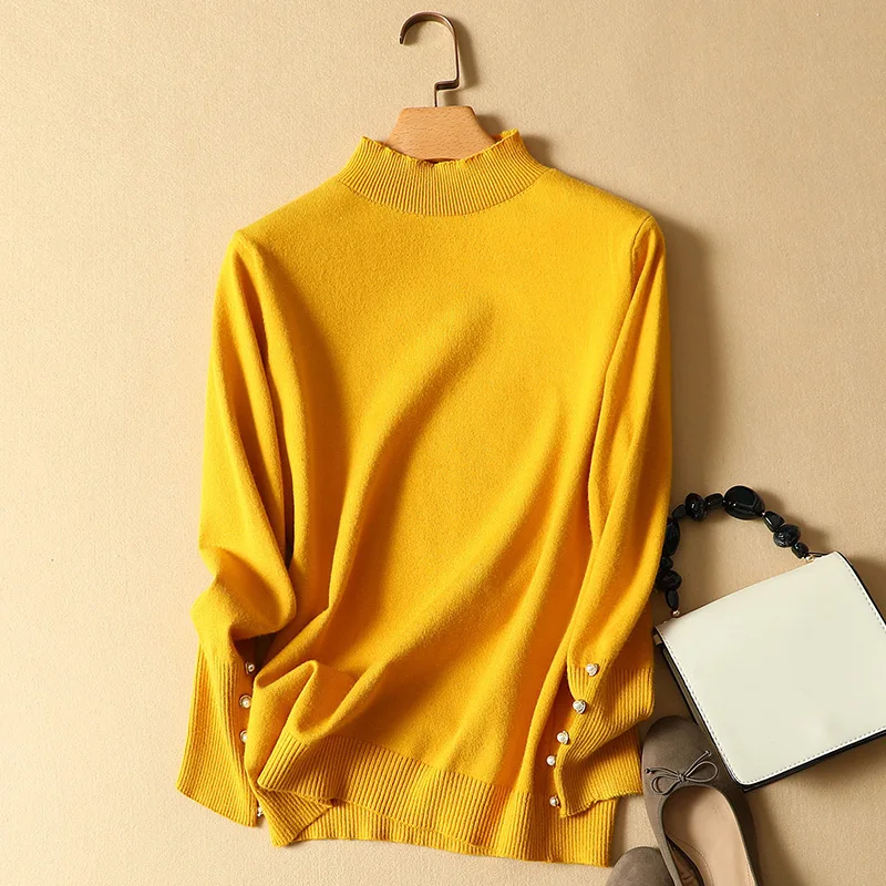 Женский трикотажный пуловер однотонный с высоким воротником 2021 | Женская одежда