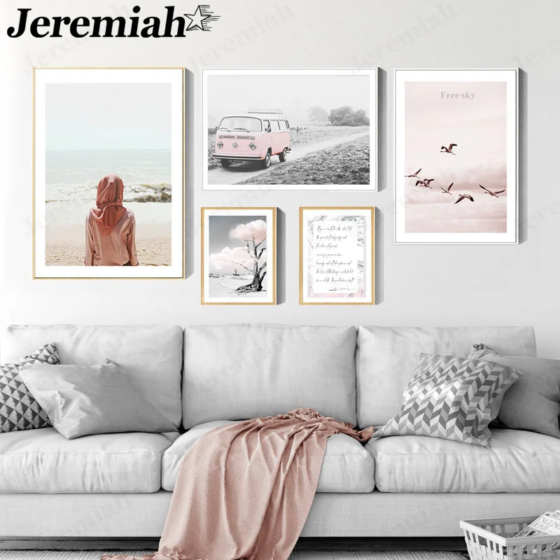 

Modern Minimalist Travel Landscape Canvas Painting Pink Beauty Back View Bus Poster Wall Art Nordic Living Room Home Decoration