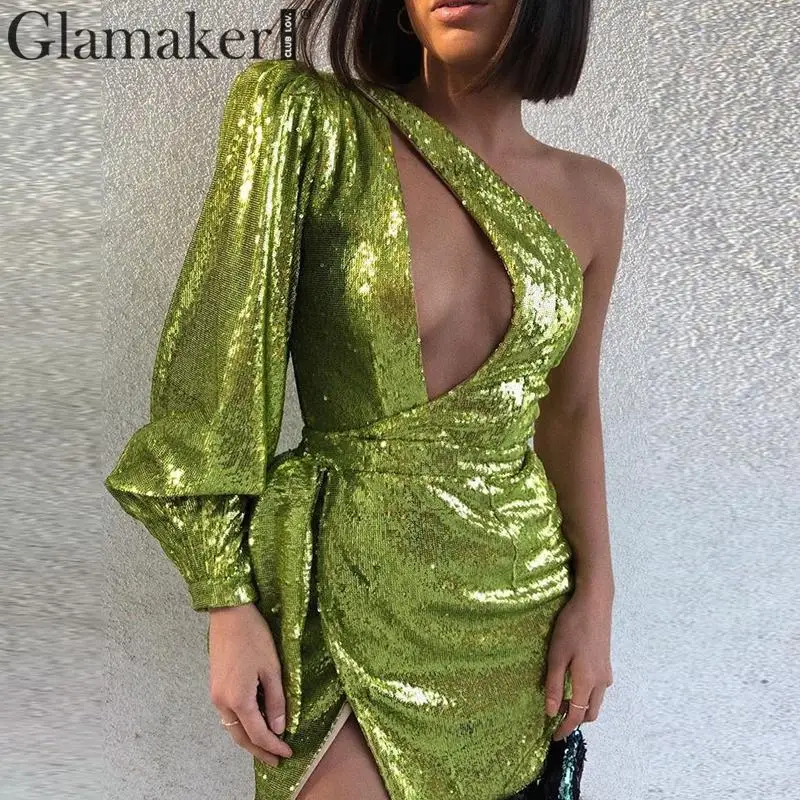 Glamaker Короткое женское платье на одно плечо с блестками высокой талией шнуровке