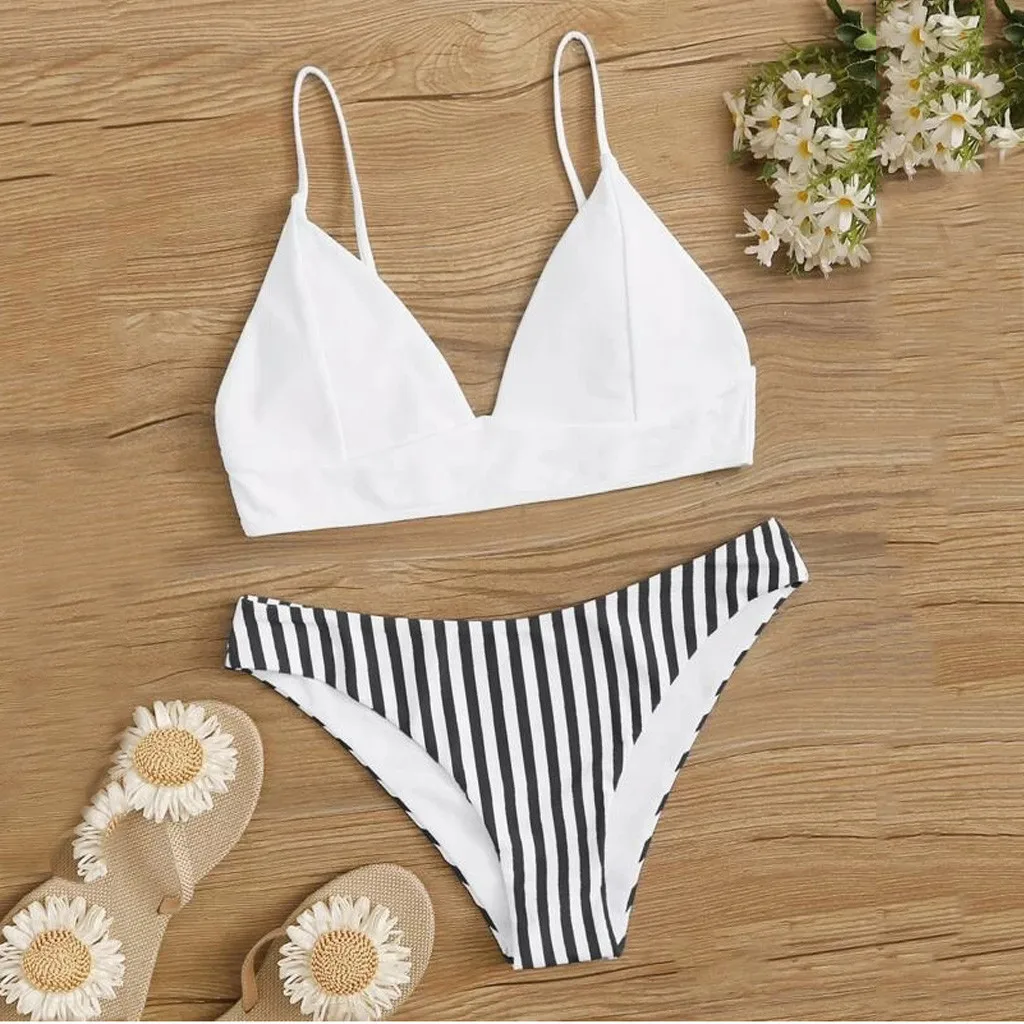 

2PCSWomen's Swimsuits Suits Solid Color Ruffled Camisole With High Waisted Stripe Bikini Thong Bottom Bathing Swimwear Set