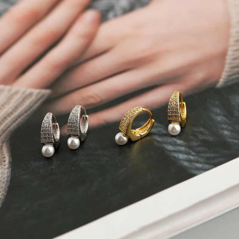 

A00695 Jazaz New Punk Luxury Pave Crystal Zircon Real 925 Sterling Silver Pearl Ear Buckle for Women Wedding Street Jewelry A