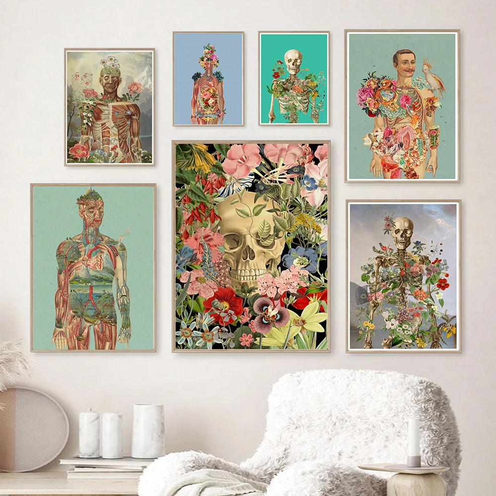 Подарочный плакат с изображением цветов черепа анатомическая медицинская