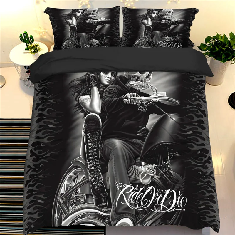 

3D Skull Duvet Cover Set Sexy Girl On Motorcycle Bed Linens Single Double Twin Full Queen King Bedding Set Teen Adult Bedclothes