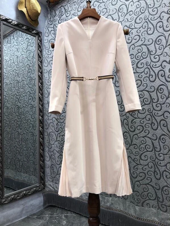 

2021 new women fashion V-neck back zipper belt decoration long-sleeved A-line skirt dress 807
