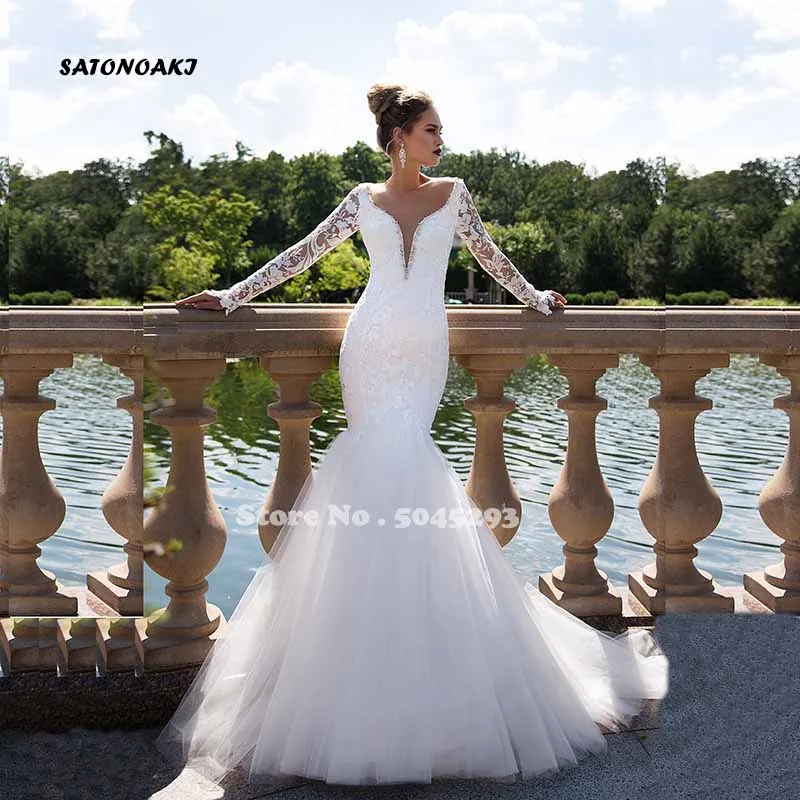 

Gorgeous White Mermaid Wedding Dresses 2021 Long Sleeves Illusion Boat Neck Lace Appliques Bride Gown Vestido De Novia Undefined