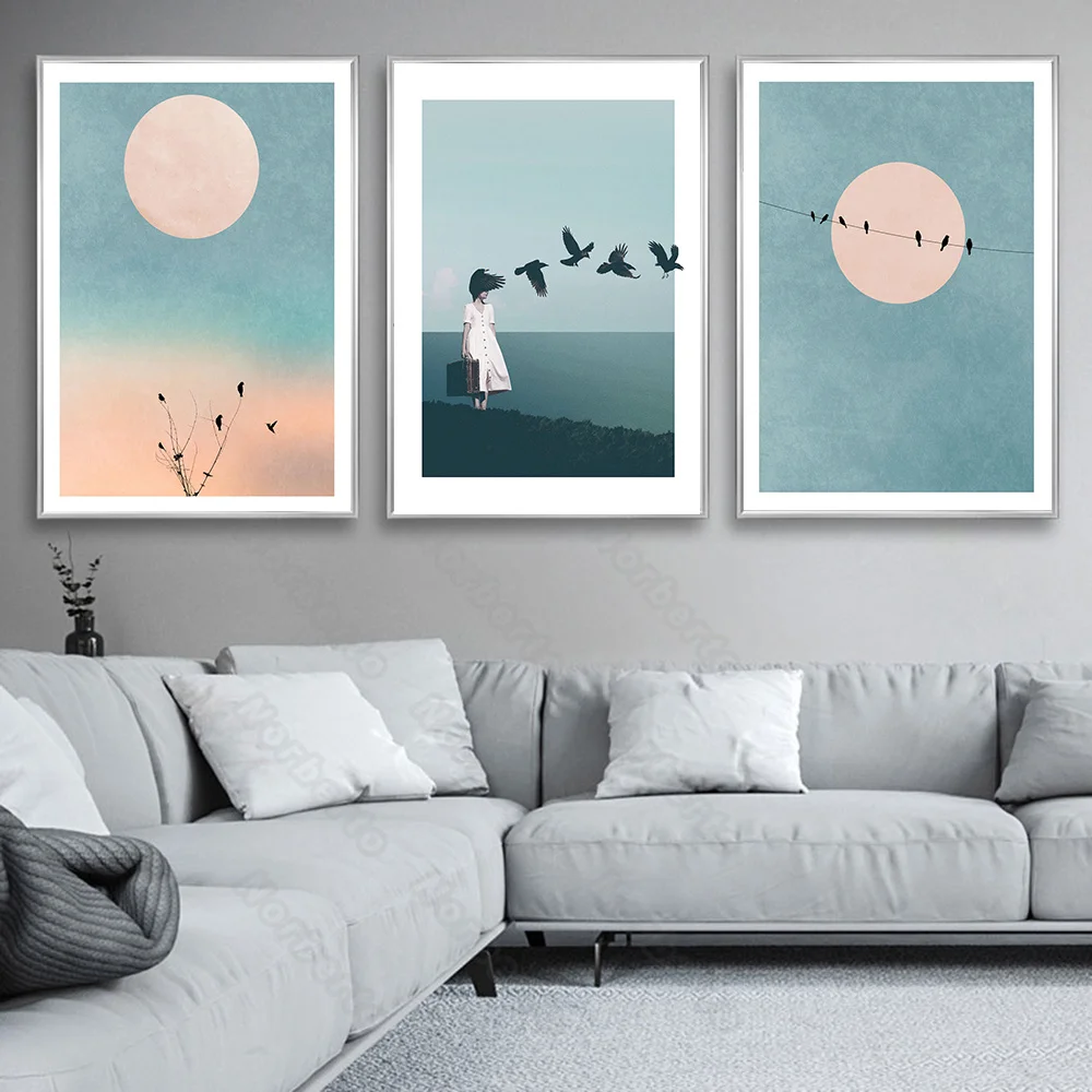 

Modern Style Canvas Painting Wall Poster Remote Mountain Pretty Girl Geese Pink Sun Birds On The Wire for Home Room Wall Decorat