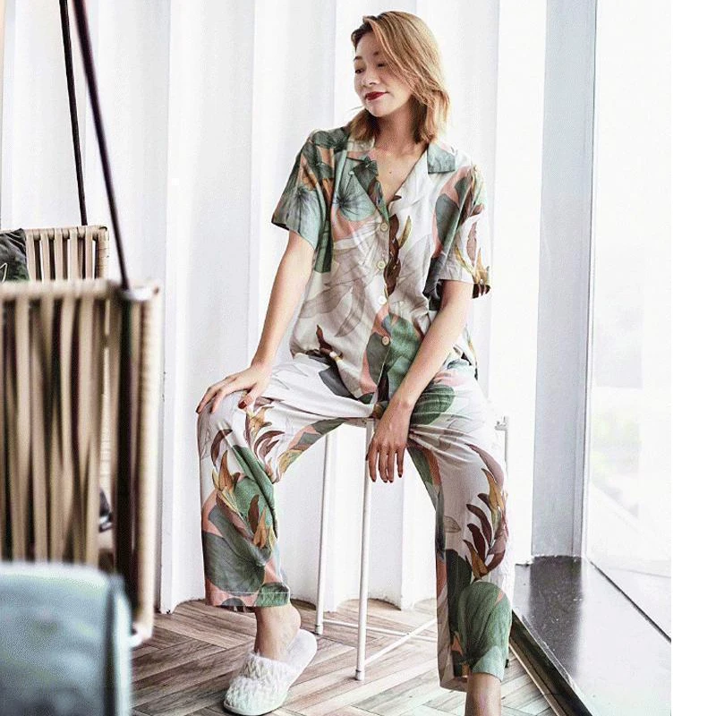 Женская пижама с принтом в виде пальмовых листьев летний пижамный комплект